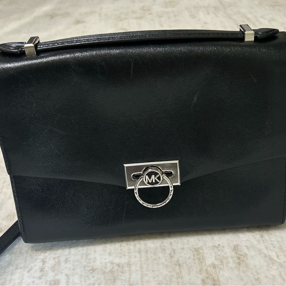 Michael Kors Black Leather Shoulder Bag with Silver MK Ring